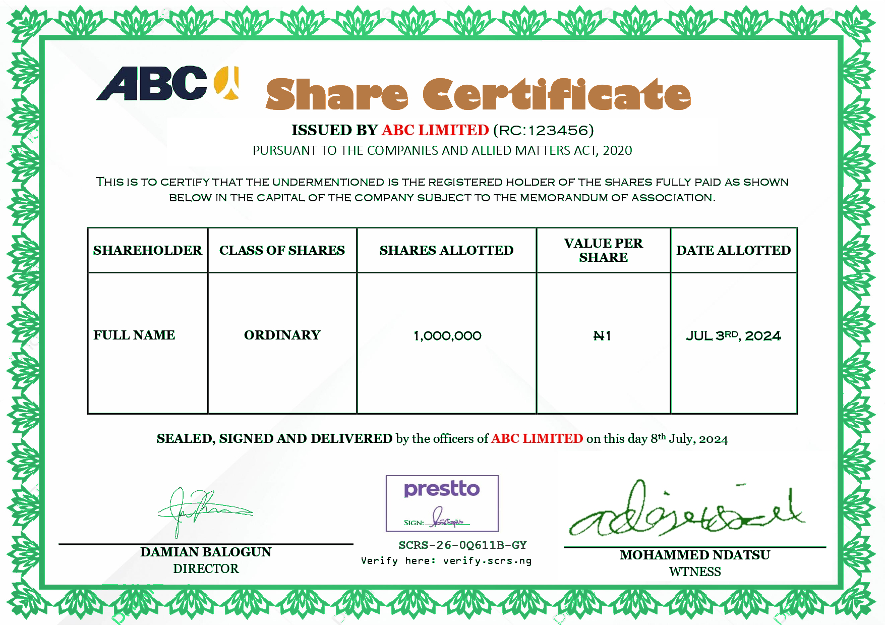 SCRS Share Certificate